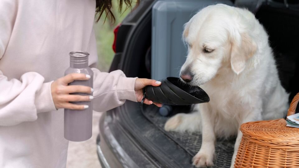 Zdjęcie przestawiające psa pijącego wodę z bidonu podczas wycieczki