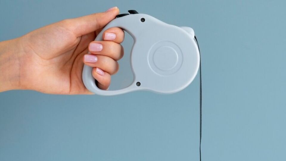 Zdjęcie przedstawiające kobiecą dłoń, która trzyma smycz automatyczną dla psa