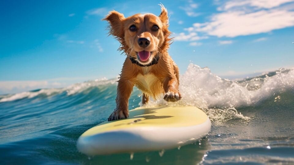 Zdjęcie przedstawiające rudego psa na desce surfingowej