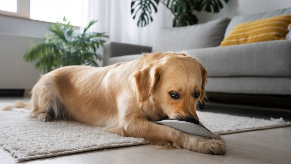 Zdjęcie przedstawia psa rasy labrador retriever liżącego matę do lizania dla psa