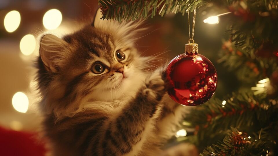 Zdjęcie przedstawia małego kotka, który trąca łapką czerwoną bombkę wiszącą na choince.
