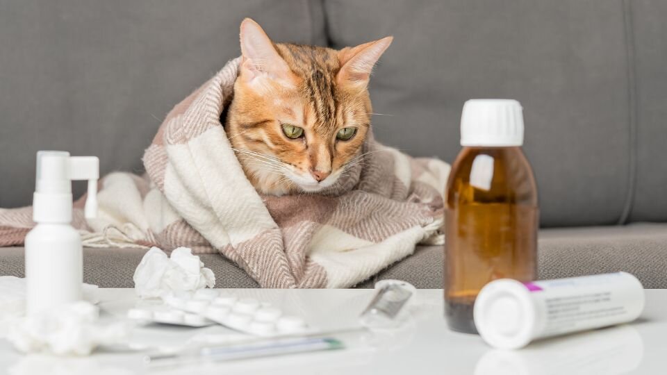 Zdjęcie przedstawia kota i różnego rodzaju leki, m. in. gabapentynę