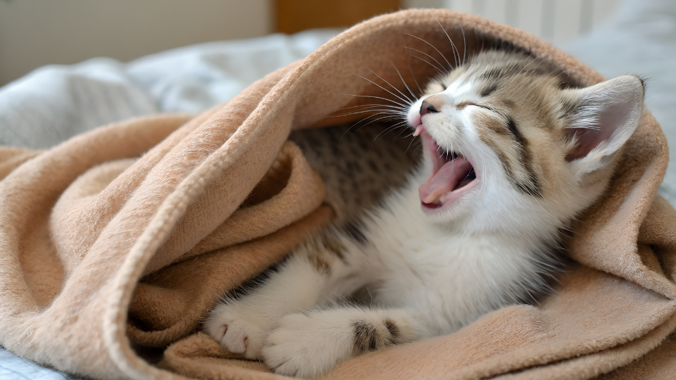 Zdjęcie przedstawia leżącego pod kocem miauczącego kota