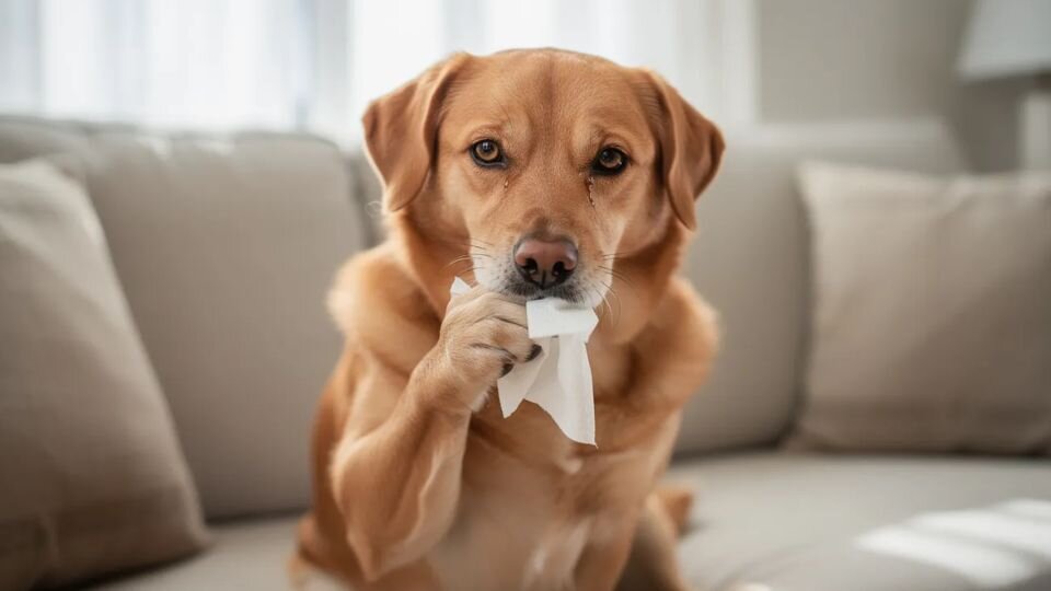 Na zdjęciu widoczny jest pies, który używa chusteczki do wytarcia swojego nosa, co może sugerować objawy kataru.