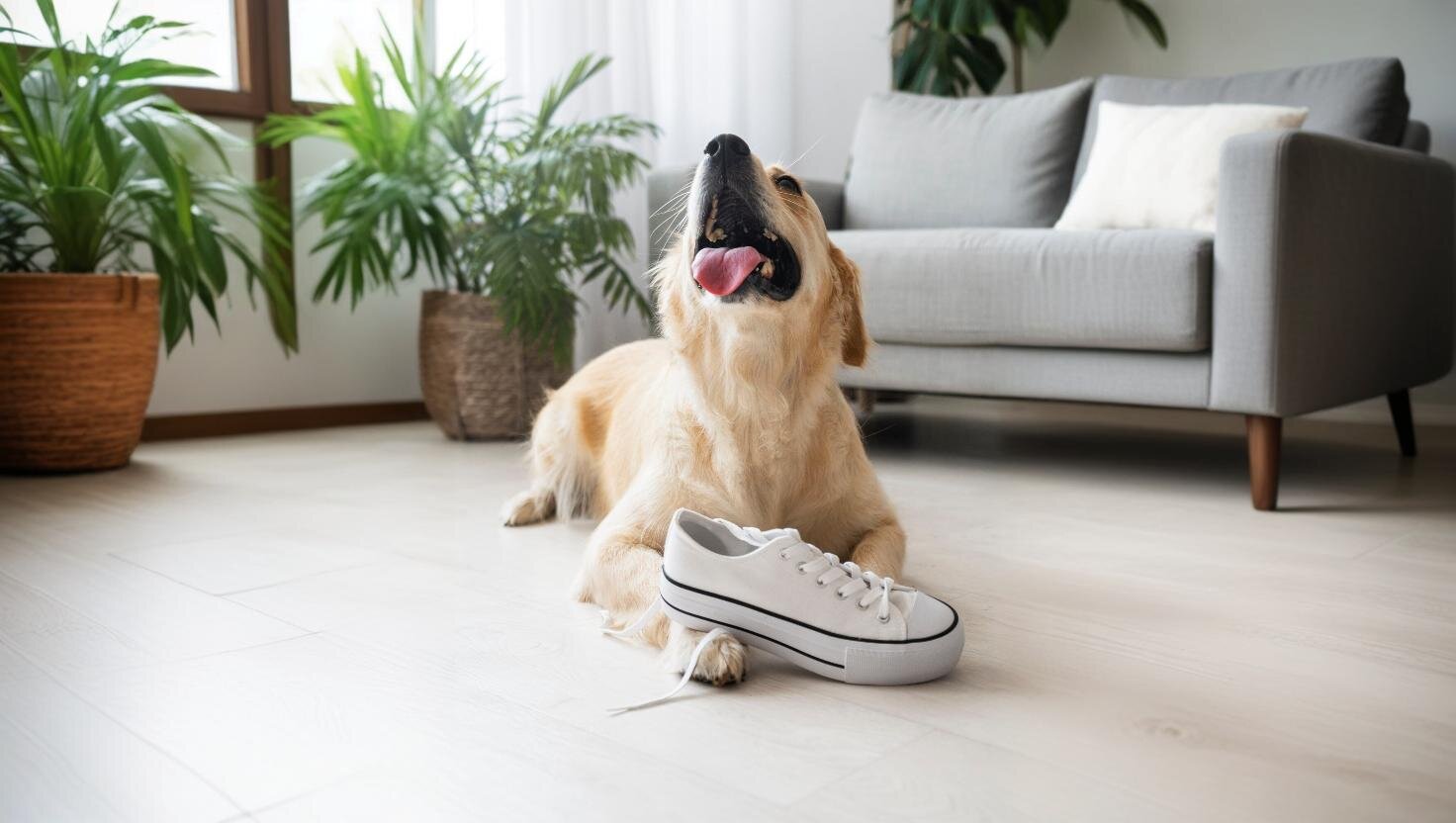 Zdjęcie przedstawiające labradora bawiącego się butem